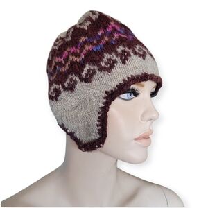 Hand Knit Wool Hippie Beanie Hat with Ear Flaps beige pink blue
